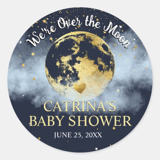 Navy Blue Gold über dem Mond Baby Shower Sticker (Vorderseite)