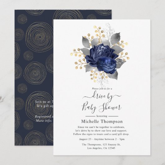 Navy Blue, Gold und Silver Floral Drive by Shower Einladung (Vorne/Hinten)