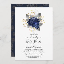 Navy Blue, Gold und Silver Floral Drive by Shower Einladung