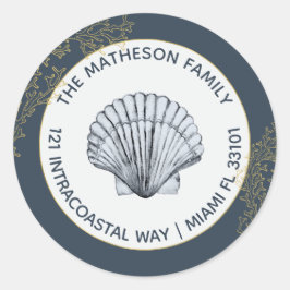 Navy Blue Gold und White Coastal Seashell Adresse Runder Aufkleber