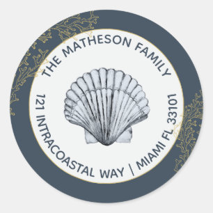 Navy Blue Gold und White Coastal Seashell Adresse Runder Aufkleber