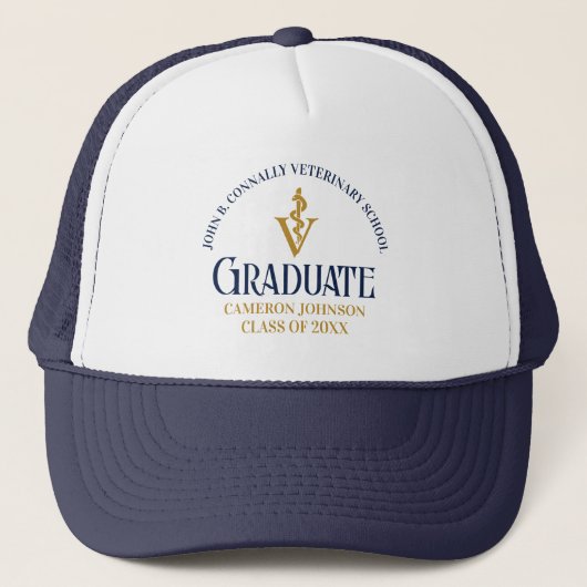 Navy Blue Gold Veterinary School Abschluss Custom Truckerkappe (Vorderseite)