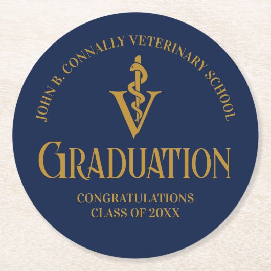 Navy Blue Gold Veterinary School Graduation Party Runder Pappuntersetzer (Vorderseite)