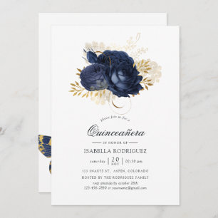 Navy Blue & Gold Vintag Shabby Rose Quinceañera Einladung