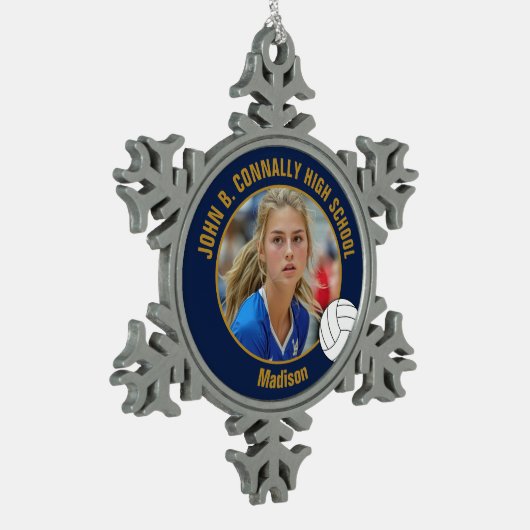 Navy Blue Gold Volleyball Player Photo High School Schneeflocken Zinn-Ornament (Links)