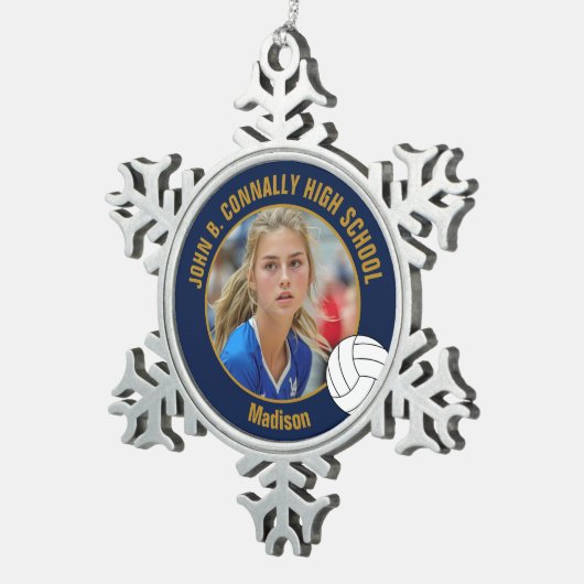 Navy Blue Gold Volleyball Player Photo High School Schneeflocken Zinn-Ornament (Rechts)