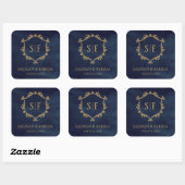 Navy Blue Gold Wappen Monogram Gastgeschenk Hochze Quadratischer Aufkleber (Blatt)