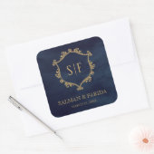 Navy Blue Gold Wappen Monogram Gastgeschenk Hochze Quadratischer Aufkleber (Umschlag)