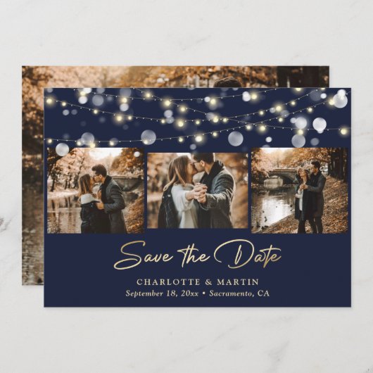 Navy Blue Gold Wedding 4 Foto Save the Date (Vorne/Hinten)