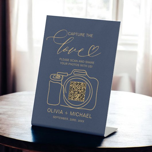 Navy Blue Gold Wedding Capture the Liebe QR Code Sockelschild