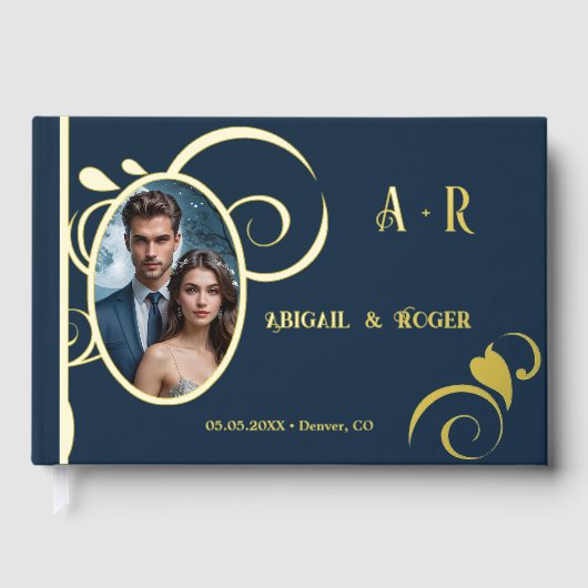 Navy Blue Gold Wedding Custom Foto Real Foil Gästebuch (Vorderseite)