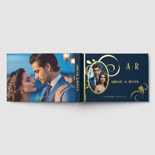 Navy Blue Gold Wedding Custom Foto Real Foil Gästebuch (Voll)
