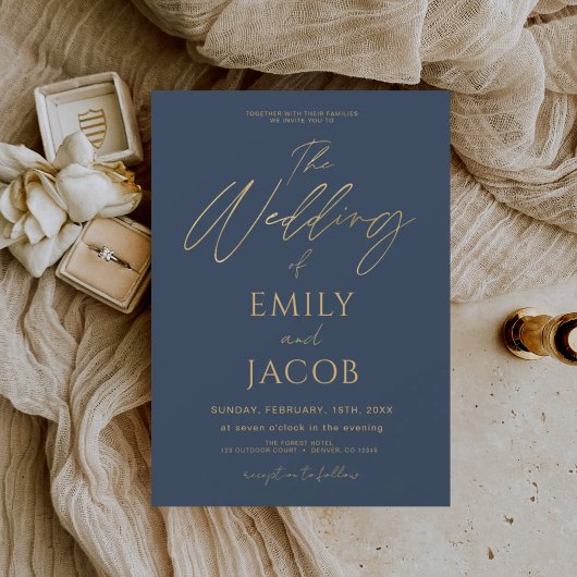 Navy Blue Gold Wedding Modern Typografy Script Einladung