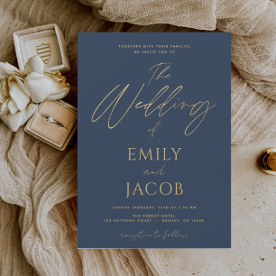 Navy Blue Gold Wedding Modern Typografy Script Einladung