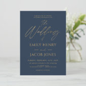 Navy Blue Gold Wedding Modern Typografy Script Einladung (Stehend Vorderseite)