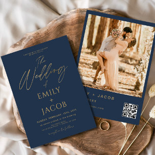 Navy Blue Gold Wedding QR Code Foto Einladung