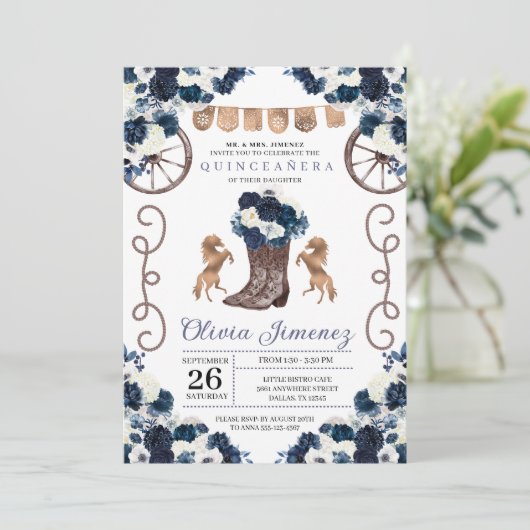 Navy Blue Gold Western Charra Boots Quinceañera Einladung (Stehend Vorderseite)