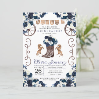 Navy Blue Gold Western Charra Boots Quinceañera Einladung