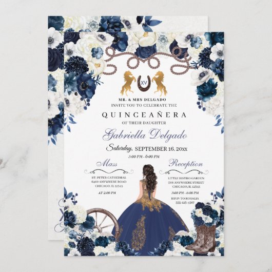 Navy Blue Gold Western Charra Ranchero Quinceanera Einladung (Vorne/Hinten)