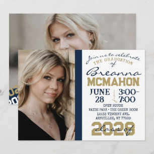 Navy Blue Gold White Abschluss 2 Foto Einladung