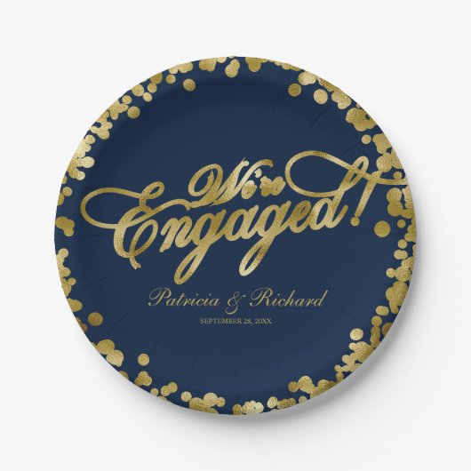 Navy Blue Gold Wir sind Verlobte Engagement Party Pappteller (Vorderseite)
