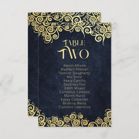 Navy Blue & Gold Wirbel Sitzkarten Tischnummer (Vorne/Hinten)