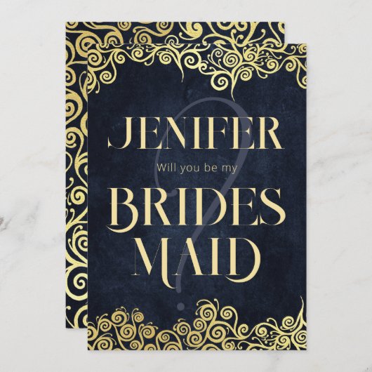 Navy Blue & Gold Wirbel werden meine Bridmaid sein Einladung (Vorne/Hinten)