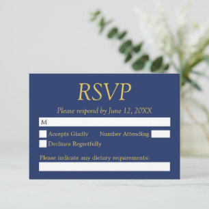 Navy Blue Golden Beige Wedding RSVP Card Karte