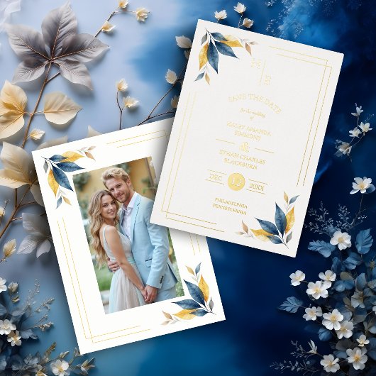 Navy Blue & Golden Botanical Leaves Corner Photo Folieneinladung