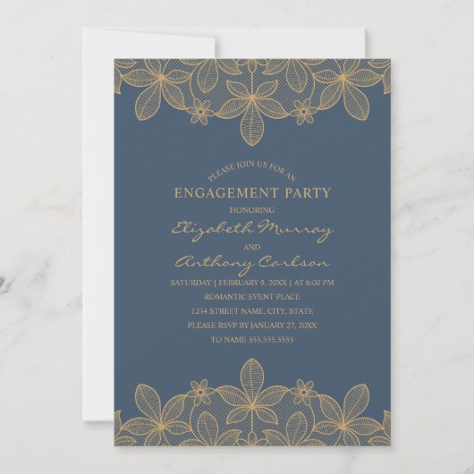 Navy Blue Golden Lace Engagement Party Elegant Einladung (Vorderseite)