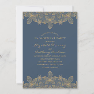 Navy Blue Golden Lace Engagement Party Elegant Einladung