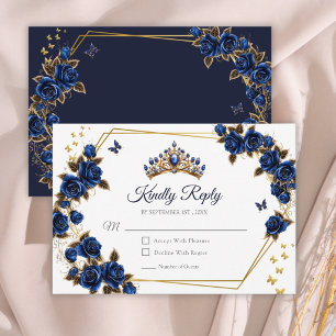 Navy Blue Golden Roses Tiara Quinceañera RSVP Karte