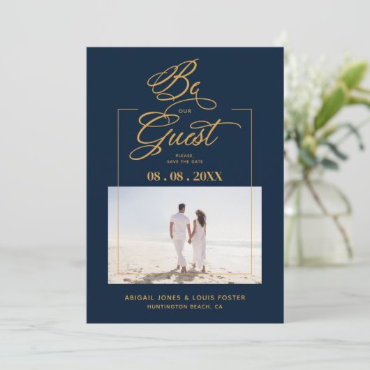 Navy Blue & Golden Sophisticated Minimalist Photo Save The Date (Stehend Vorderseite)