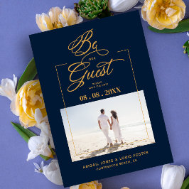 Navy Blue & Golden Sophisticated Minimalist Photo Save The Date
