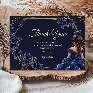 Navy Blue Golden Tiara Rosen Quinceañera Dankeskarte