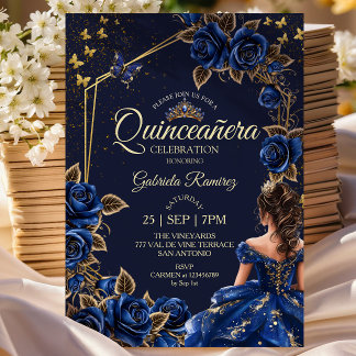 Navy Blue Golden Tiara Rosen Quinceañera Einladung