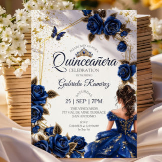 Navy Blue Golden Tiara Rosen Quinceañera Einladung