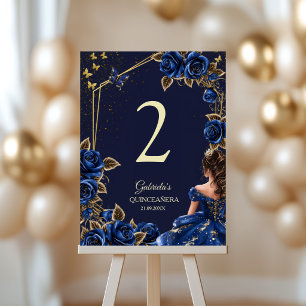 Navy Blue Golden Tiara Rosen Quinceañera  Tischnummer