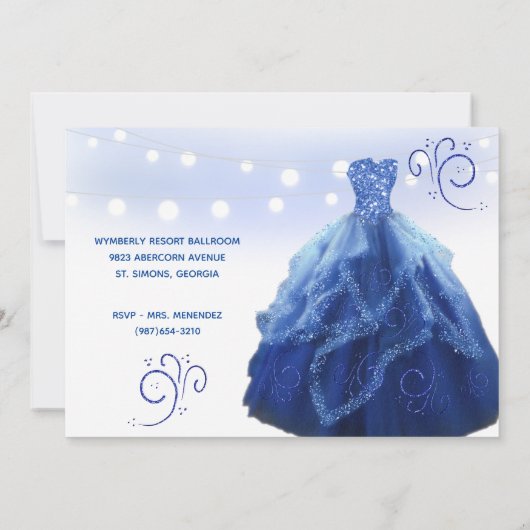 Navy Blue Gown String Lights Quinceanera Einladung (Rückseite)