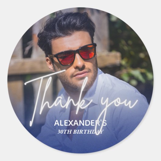 Navy blue Gradient Photo Birthday Thank you Runder Aufkleber (Vorderseite)