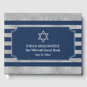 Navy Blue, Grau Stripes Bar Mitzvah Gästebuch