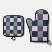 Navy Blue Grau White Checkerboard Ofenhandschuh & Topflappen-Set (Vorderseite)