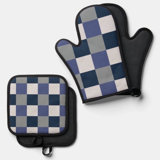 Navy Blue Grau White Checkerboard Ofenhandschuh & Topflappen-Set (Vorderseite/Rückseite)