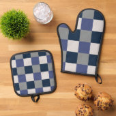 Navy Blue Grau White Checkerboard Ofenhandschuh & Topflappen-Set (Oben Unten)