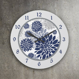 Navy Blue Gray Blume Graphic Große Wanduhr