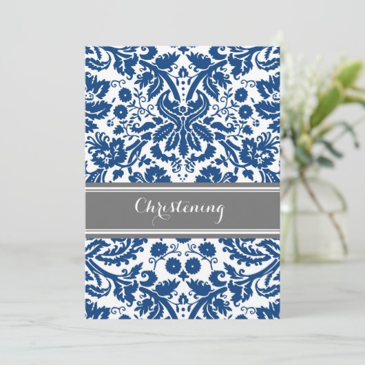 Navy Blue Gray Damask Einladung (Stehend Vorderseite)