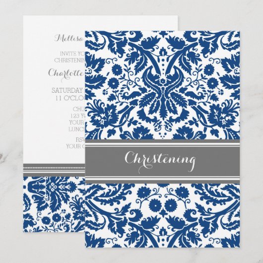 Navy Blue Gray Damask Einladung (Vorne/Hinten)
