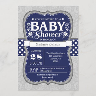 Navy Blue Gray Floral Baby Dusche Einladung