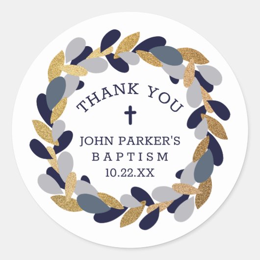Navy Blue Gray Goldkranz Taufe danke Runder Aufkleber (Vorderseite)