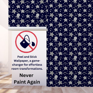 Navy Blue Gray Kids Nautical Starfish Tintenfisch Tapete